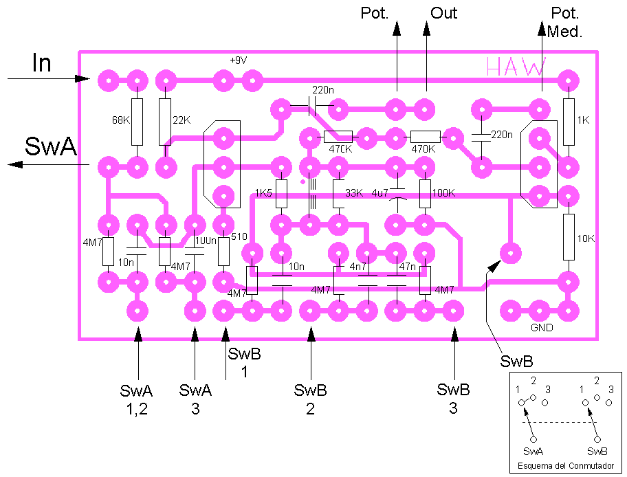 Placa con componentes del Tri-Wah